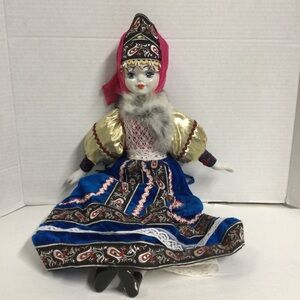 Vintage Russian Traditional Porcelain Doll with Gold and Blue Dress